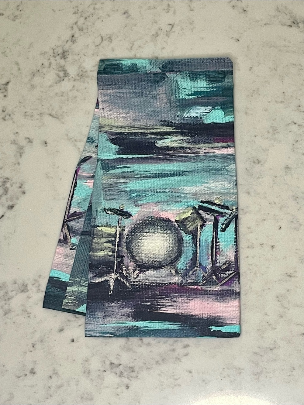Tea towel with Abstract Drum Set Art in aqua, navy and Pink